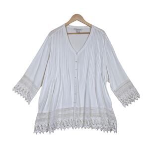 Coldwater Creek Tunic Top 3X White Button Front Crochet Lace Accents Fairy Boho